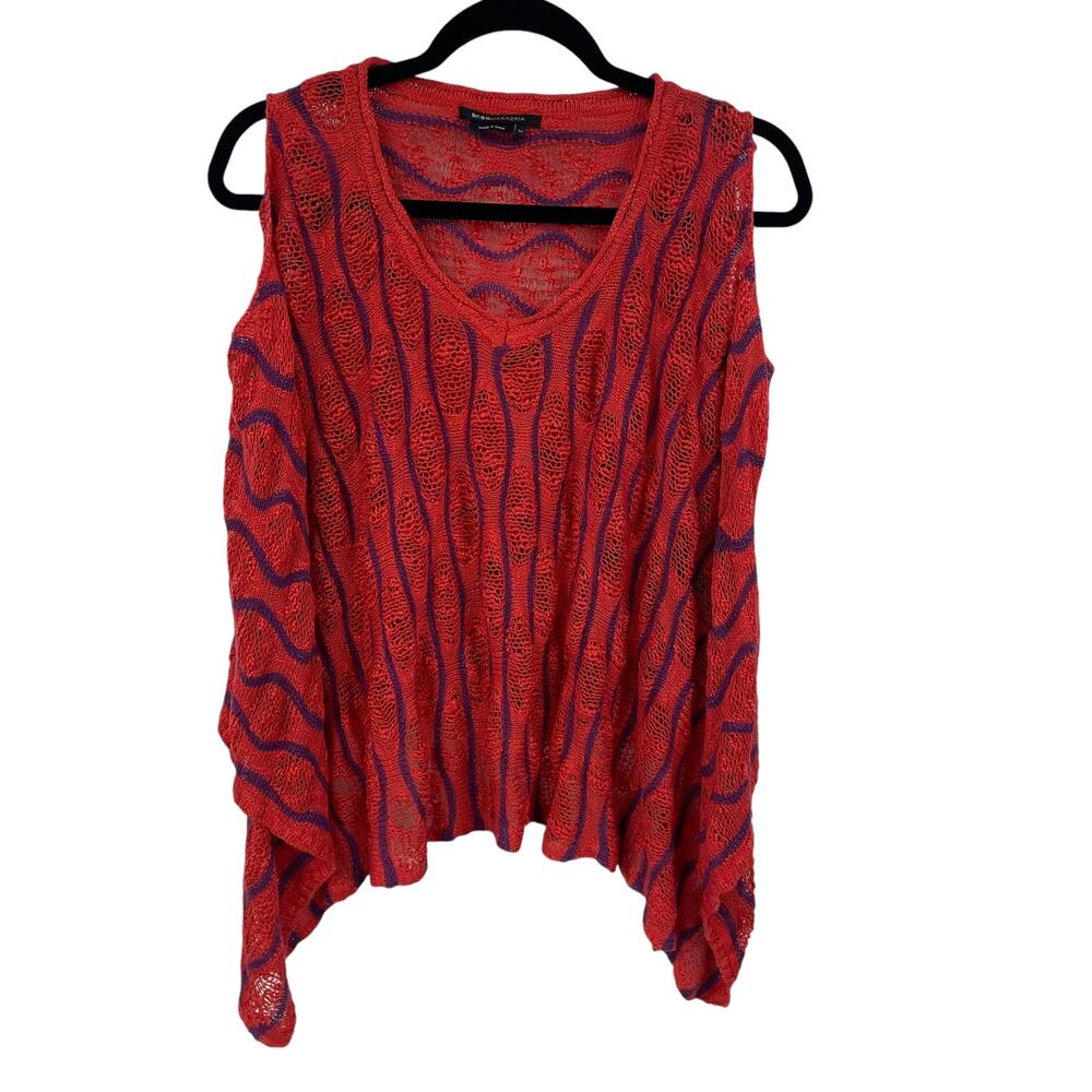 BCBGMAXAZRIA Cold Shoulder Poncho Sweater Crochet Knit Red Purple Womens Medium